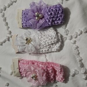 Lot of 6 Baby Girl Lace Headbands with Pearl Detail – Pink, Purple & White
